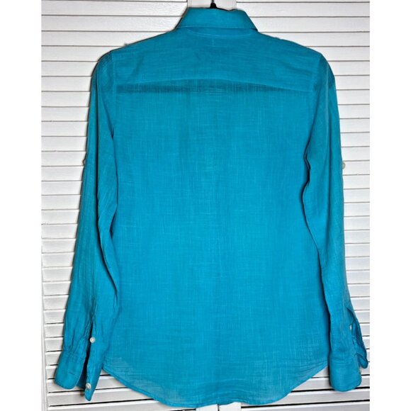 Ralph Lauren Rugby Womens Boyfriend Button Down Turquiose Blouse Roll Tab Size 0 - Picture 2 of 10